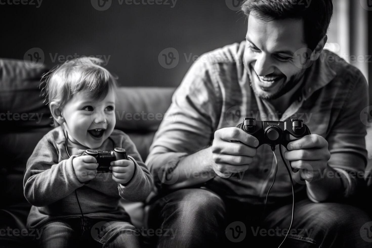 cheerful father and son playing game at home photo