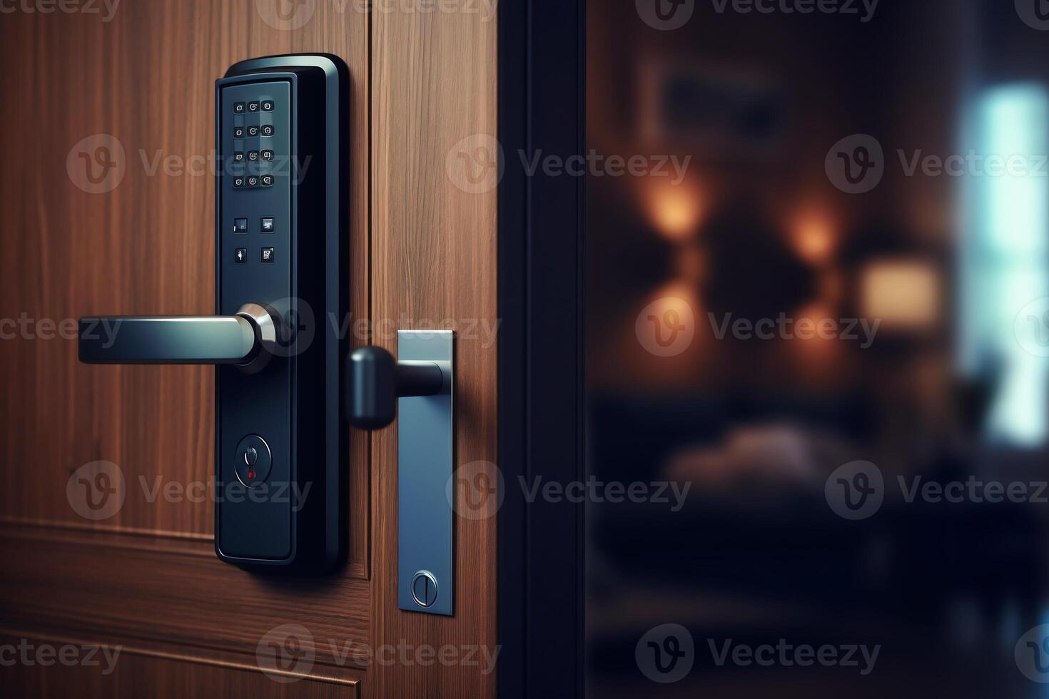Wood door with smart lock, touch screen keypad and fingerprint, key less access photo