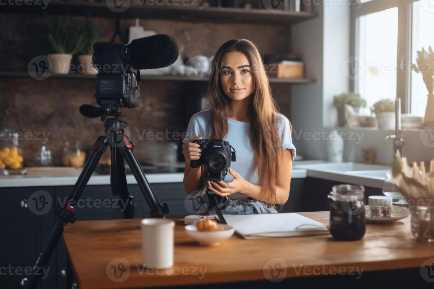 Woman recording a podcast on her laptop computer with headphones and a microscope. Female podcaster making audio podcast from her home studio. photo