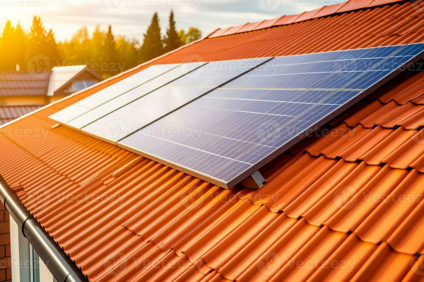 Solar photovoltaic panels on a house roof Generative AI photo