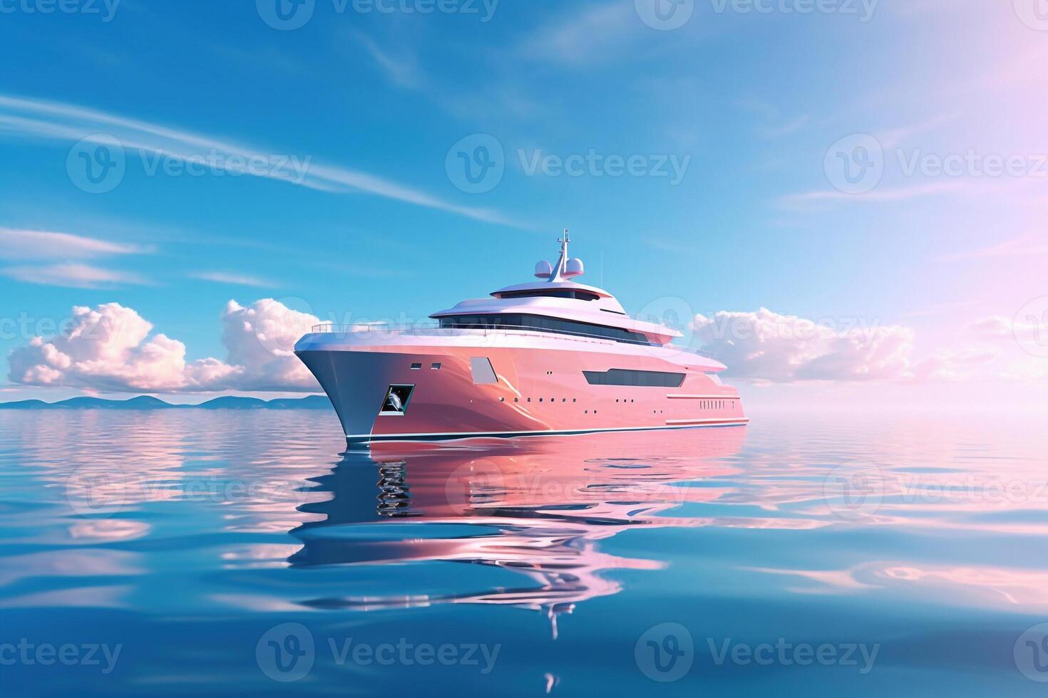 modern long yacht side view in sunset with flying birds. 3d rendering Generative AI photo