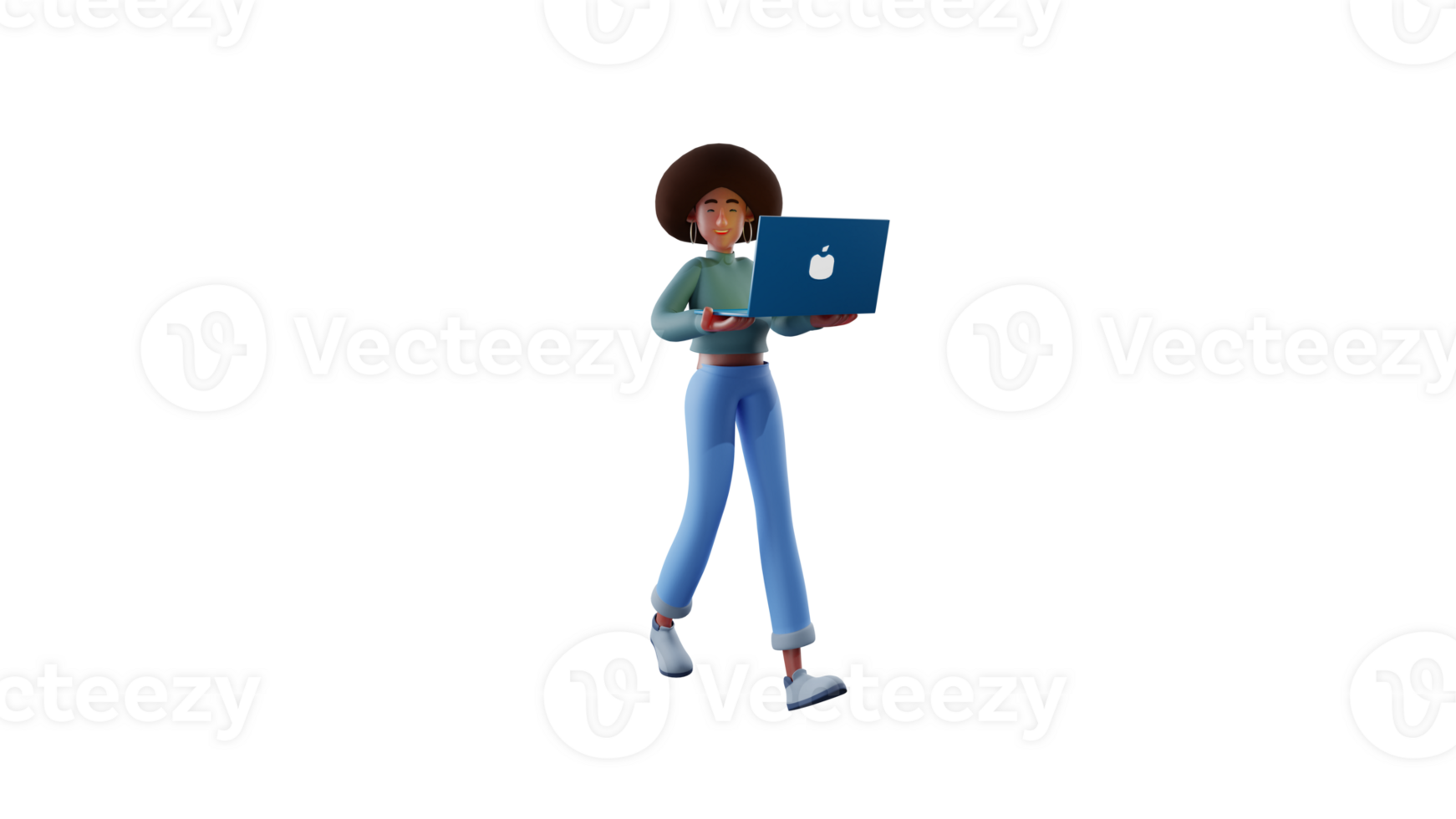 3D illustration. Female Student 3d cartoon character. African girl is studying and going to do her assignment. African girl in a stepping pose while carrying a laptop. 3D cartoon character png