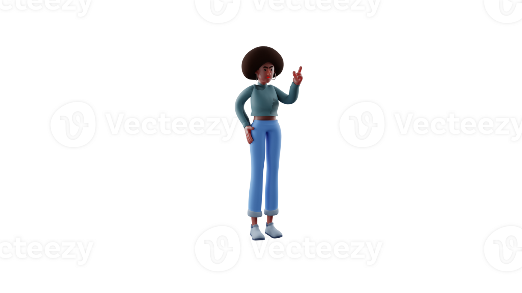 3D illustration. Angry American girl 3D cartoon character. An American girl showing an angry expression and pointing at the person in front of her. 3D cartoon character png