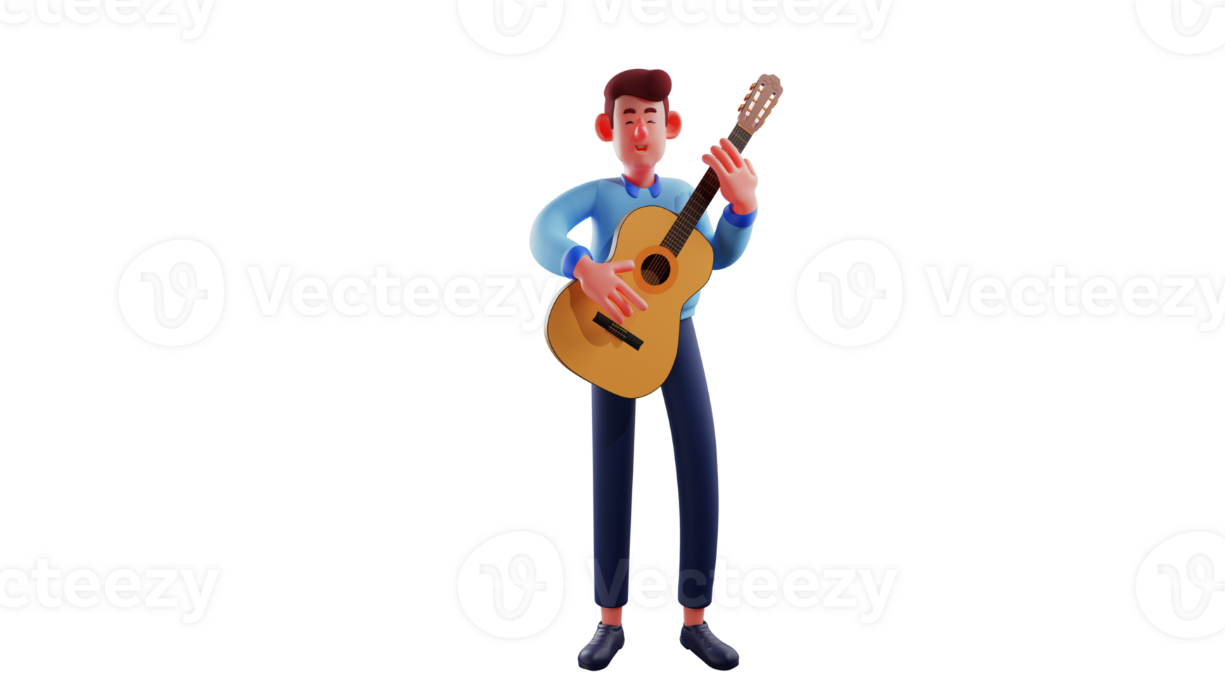 3D illustration. Talented man 3D cartoon character. Man holding guitar Men will bring a song with guitar accompaniment that he plays himself. A very romantic talented man. 3D cartoon character png