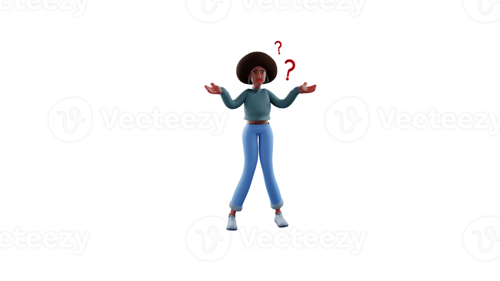 3D illustration. American girl 3D cartoon character. The American girl showed a confused expression. American girl with two question marks around her. 3D cartoon character png