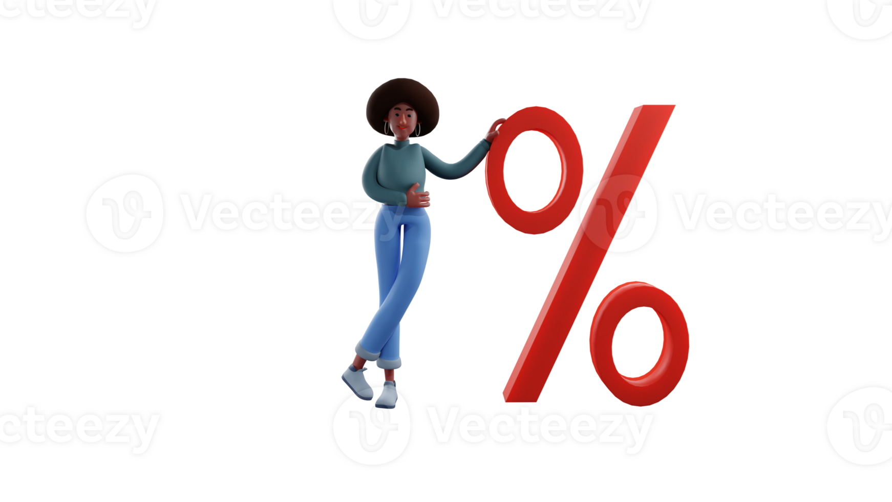 3D illustration. Cool african girl 3D cartoon character. African girl standing and leaning on giant percent symbol. Charming African girl posing very cool. 3D cartoon character png