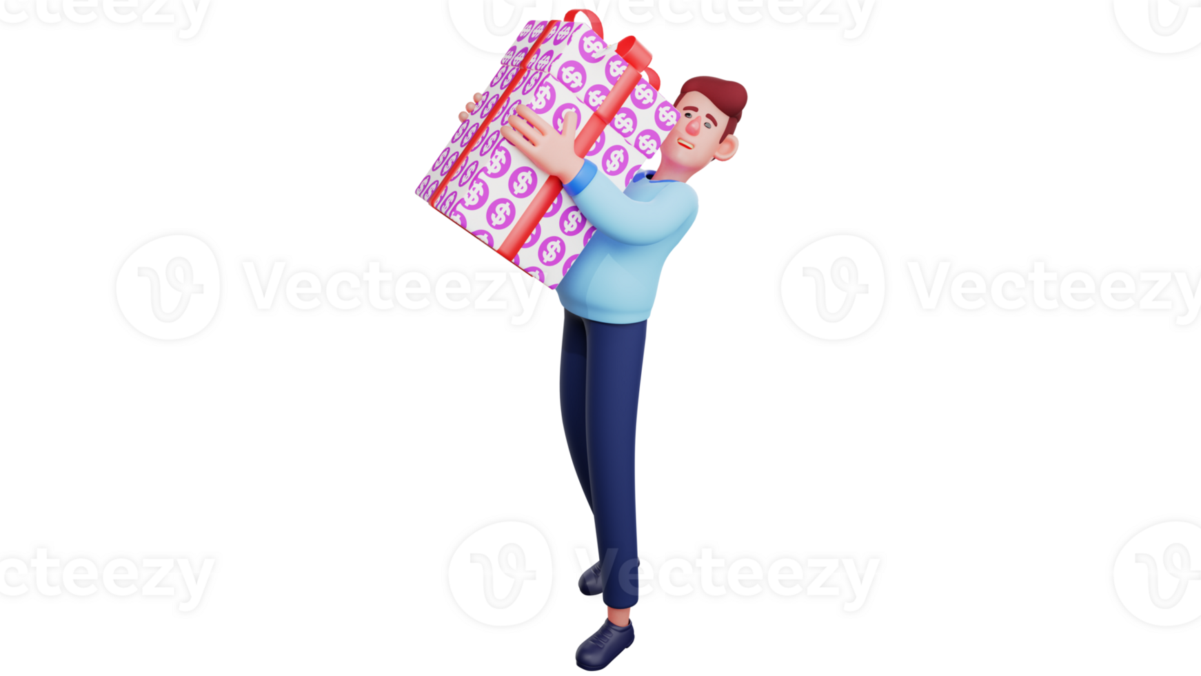 3D illustration. Romantic man 3D cartoon character. Men carry giant gift boxes wrapped in dollar bill paper. Young man will meet his girlfriend and give gifts. 3D cartoon character png