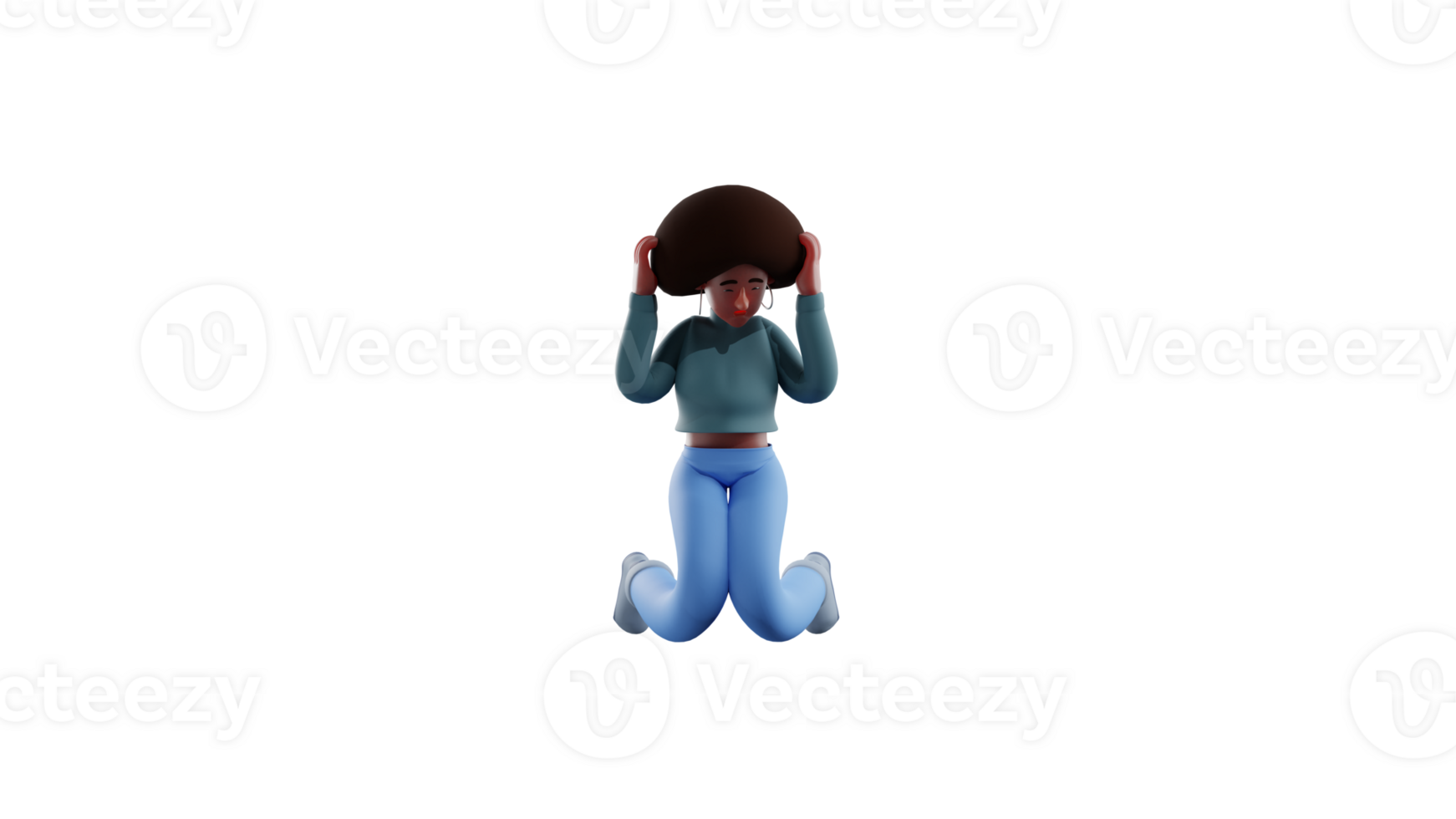 3D illustration. Confused african girl 3D cartoon character. African girl in kneeling pose showing confused expression. African girl's hands hold her hair feeling dizzy. 3D cartoon character png