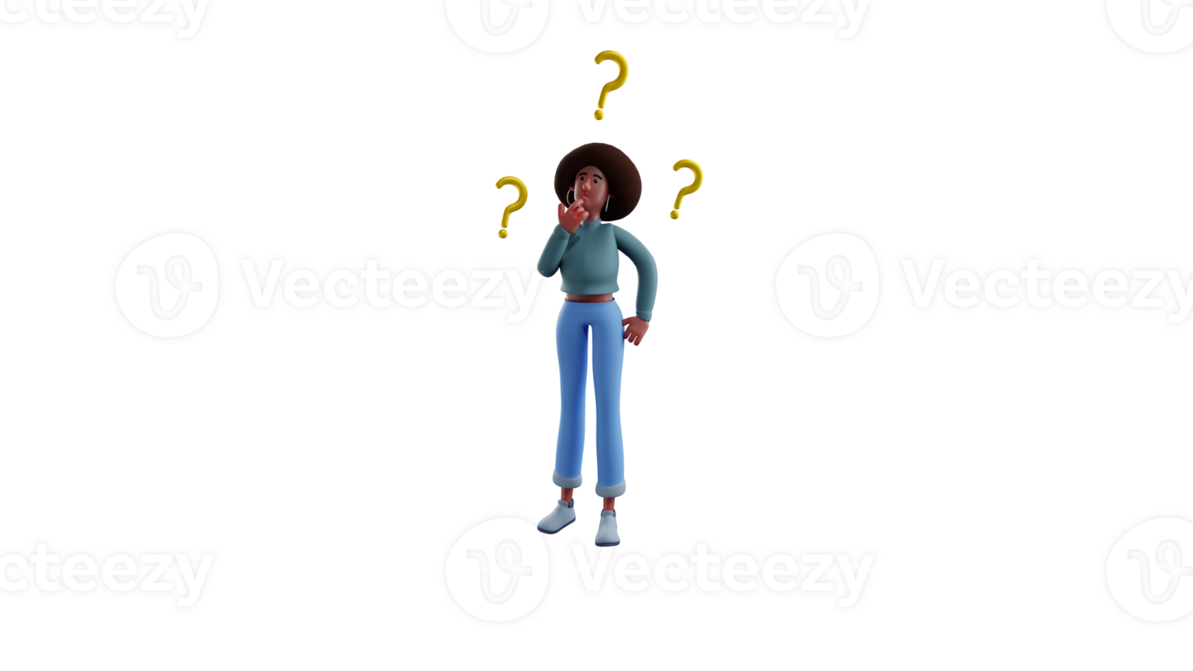 3D illustration. Charming girl 3D cartoon character. African girl stood up and showed a confused expression. African girl looking ahead with lots of question marks around her. 3D cartoon character png