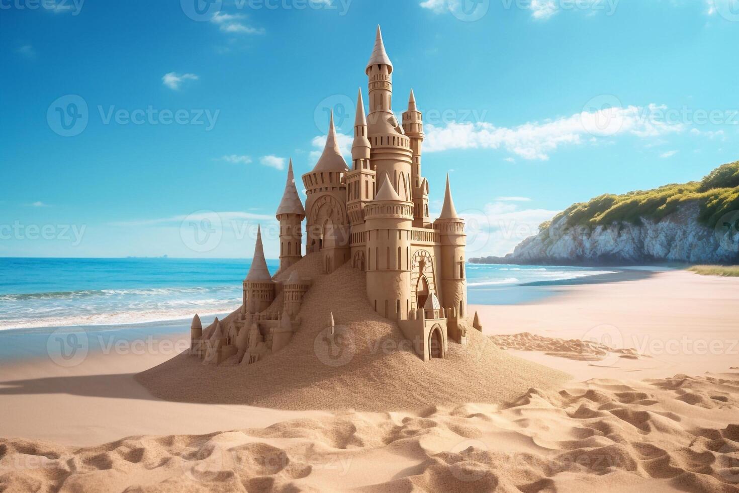 Sandcastle beach on bright sky. 3d rendering photo