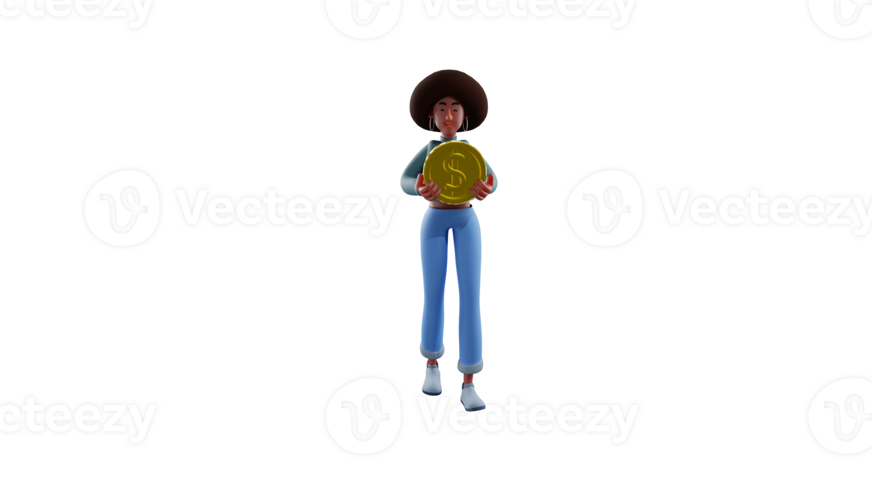 3D illustration. Cool lady Boss 3D cartoon character. The beautiful boss is holding a gold coin in her possession. African woman who is the boss of a company. 3D cartoon character png