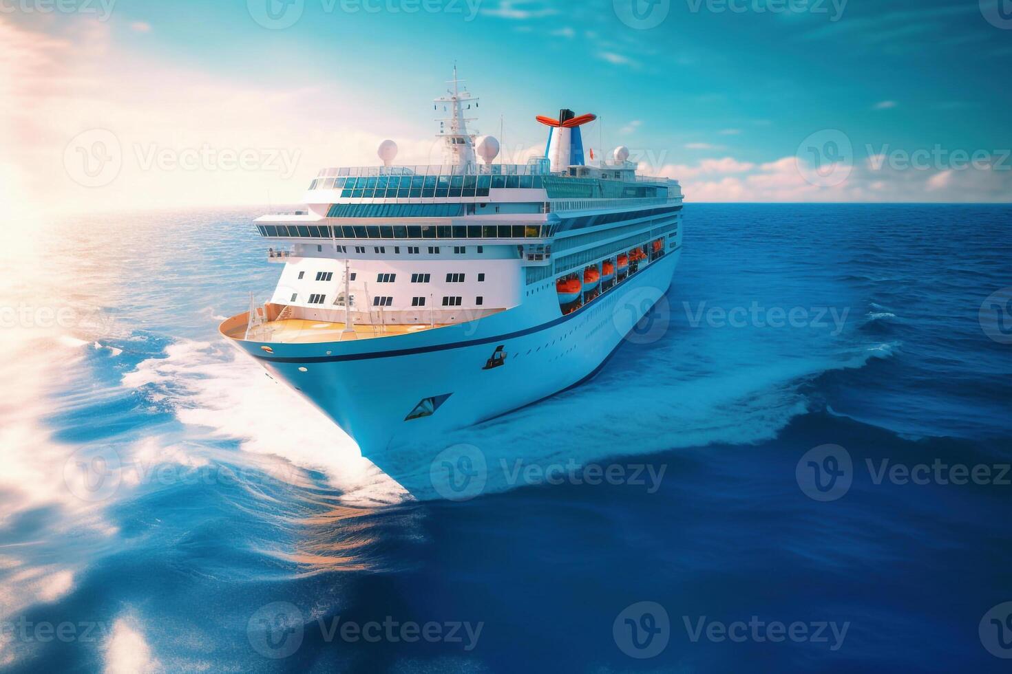 Cruise ship at harbor. Aerial view of beautiful large white ship at sunset. Colorful landscape with boats in marina bay, sea, colorful sky. Top view from drone of yacht. Luxury cruise. Generative AI photo