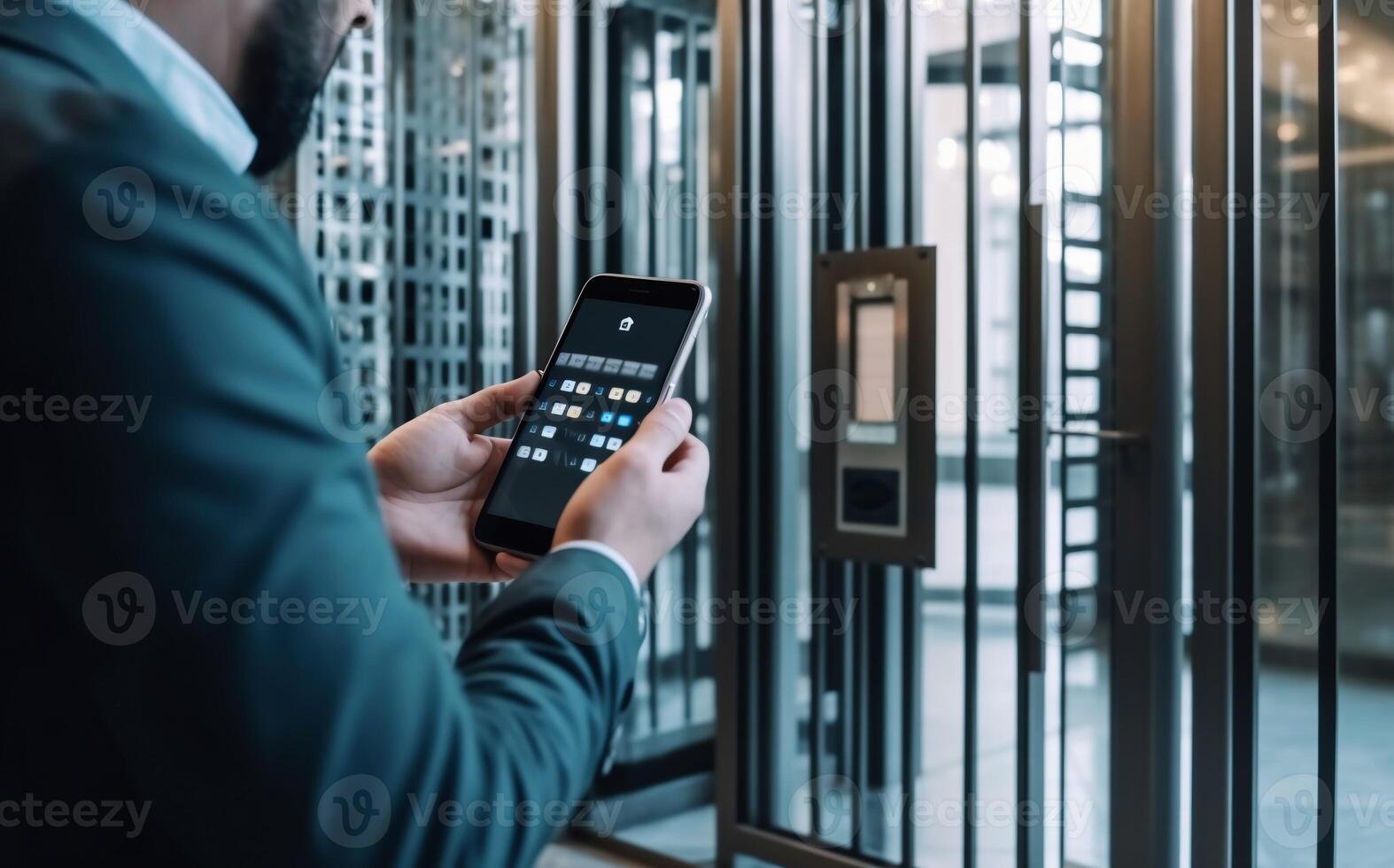Locking smartlock on the entrance door using a smart phone remotely. Concept of using smart electronic locks with keyless access photo