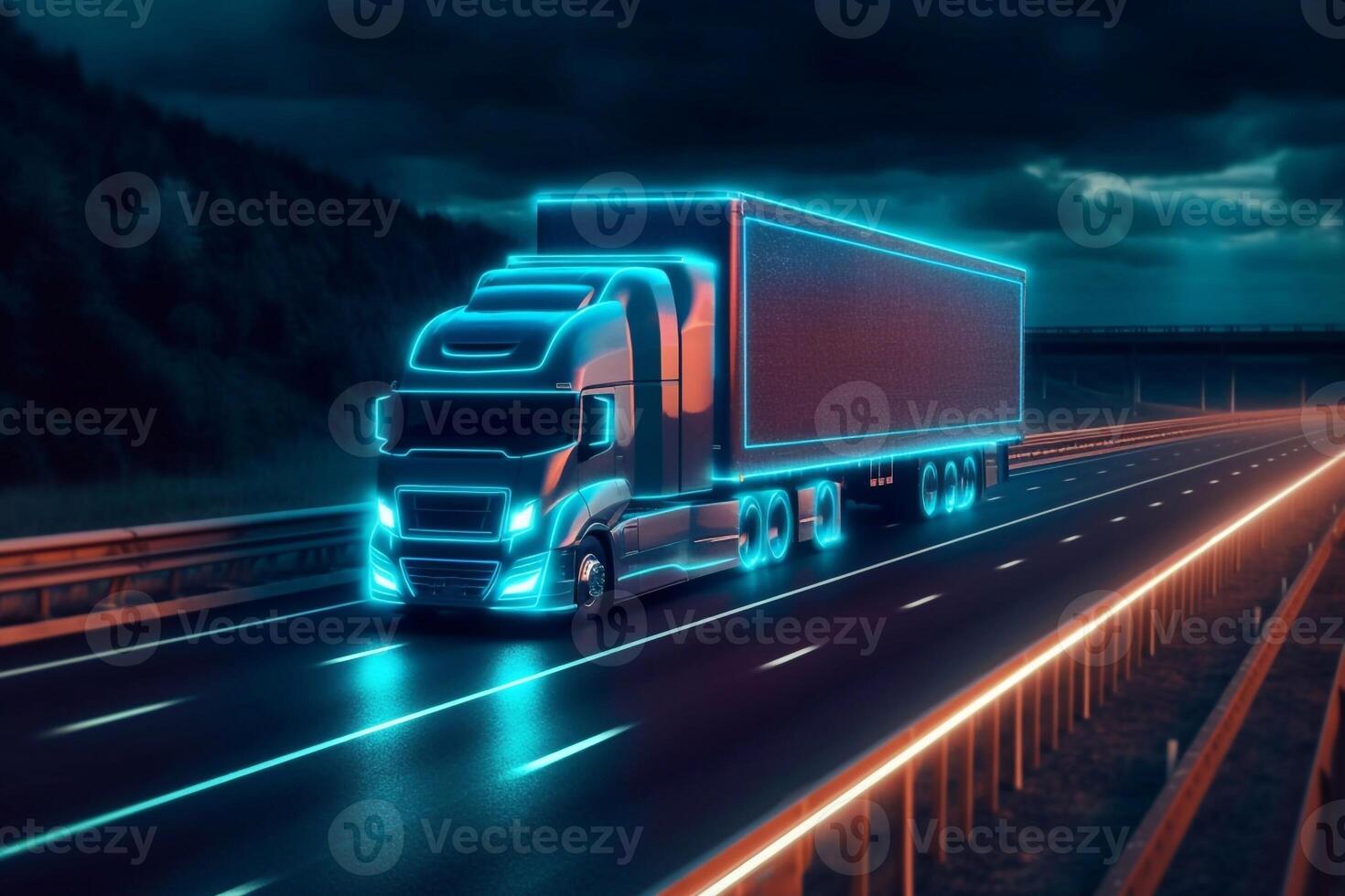 Concept Autonomous Semi Truck with Cargo Trailer Drives at Night on the Road with Sensors Scanning Surrounding. Special Effects of Self Driving Truck Digitalizing Freeway photo