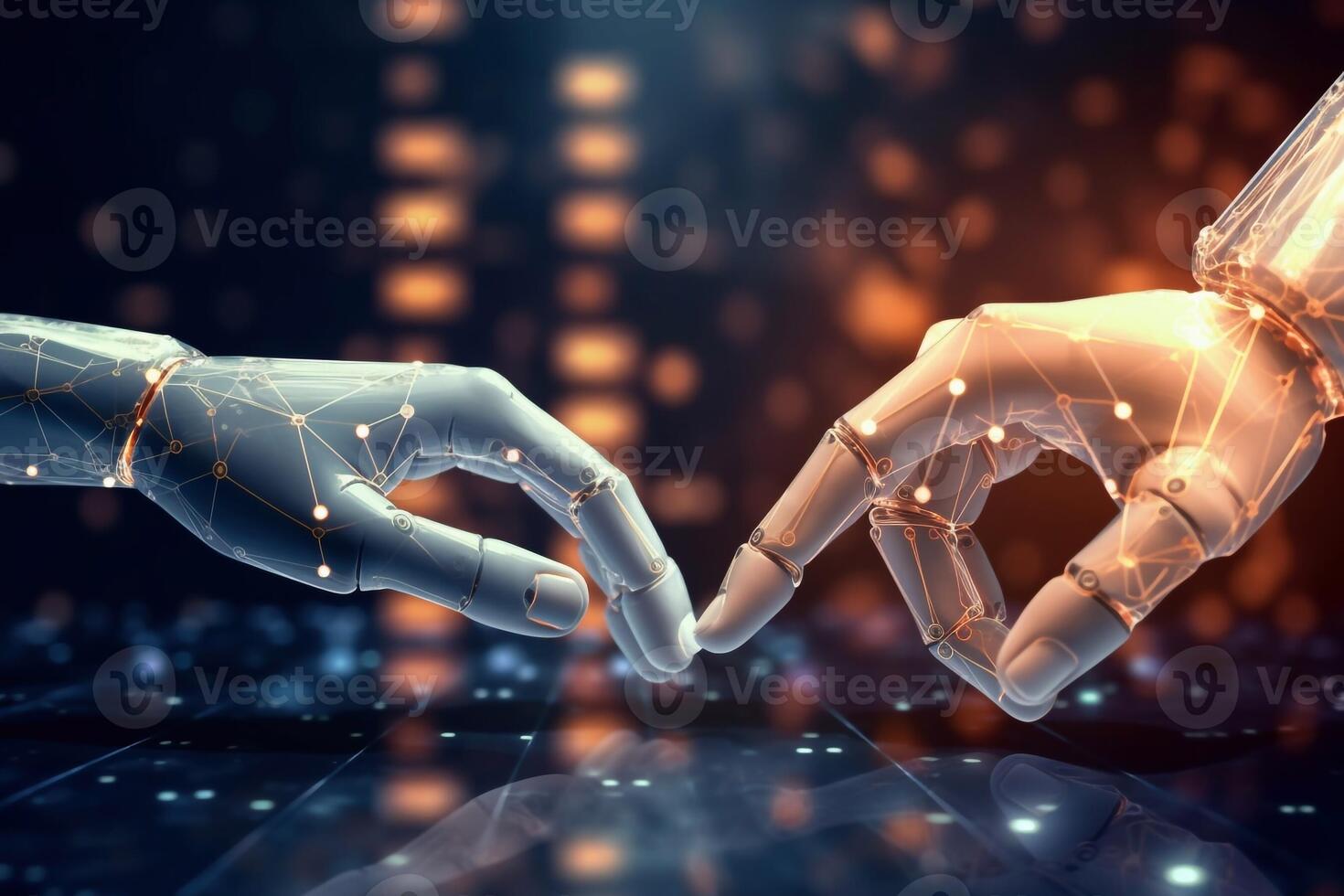 AI, Machine learning, Hands of robot and human touching on big data network connection, Data exchange, deep learning, Science and artificial intelligence technology, photo