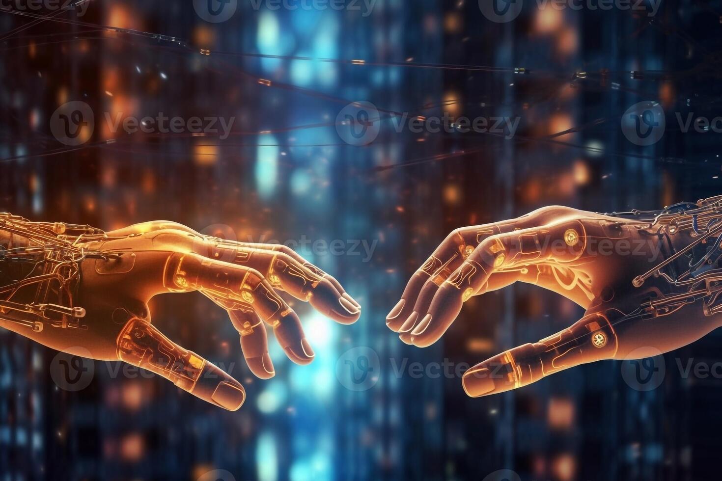 AI, Machine learning, Hands of robot and human touching on big data network connection, Data exchange, deep learning, Science and artificial intelligence technology, innovation photo