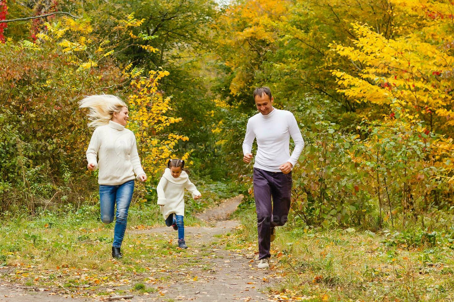 family, childhood, season and people concept - happy family in autumn park photo