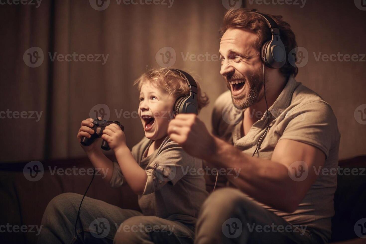 alegre padre y hijo jugando vídeo juego a hogar generativo ai foto