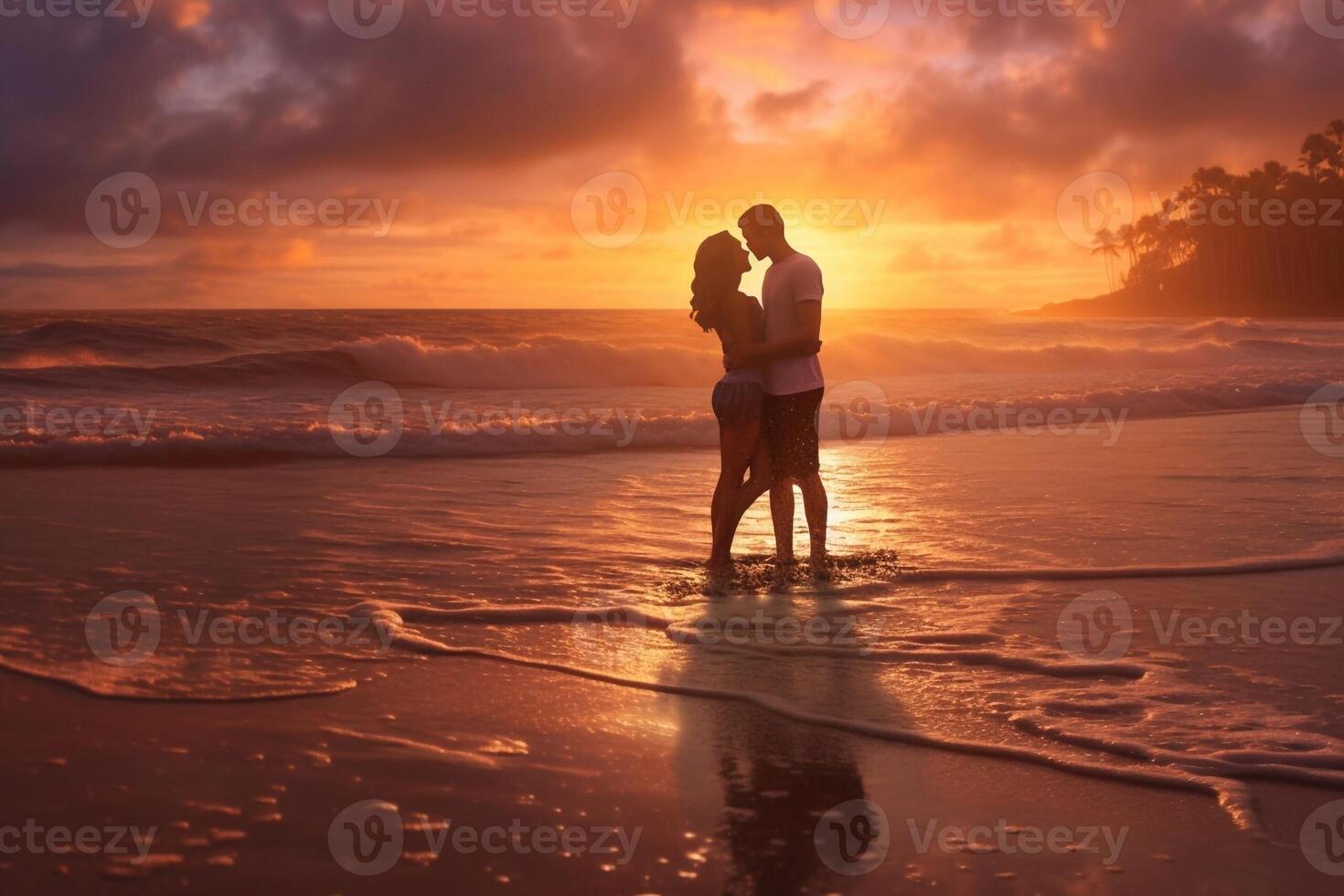 romantic couple silhouette on the beach at sunrise photo