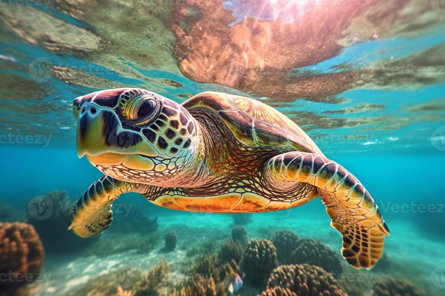 A green turtle is swimming in deep blue water on a sunny day. photo