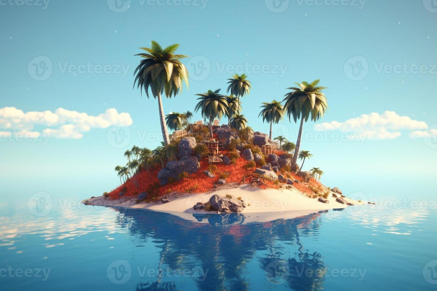 3D illustration blue tropical background of the sea in summer blurred with palm leaves and sunshine. Sea and sky with white clouds Summer holiday photo