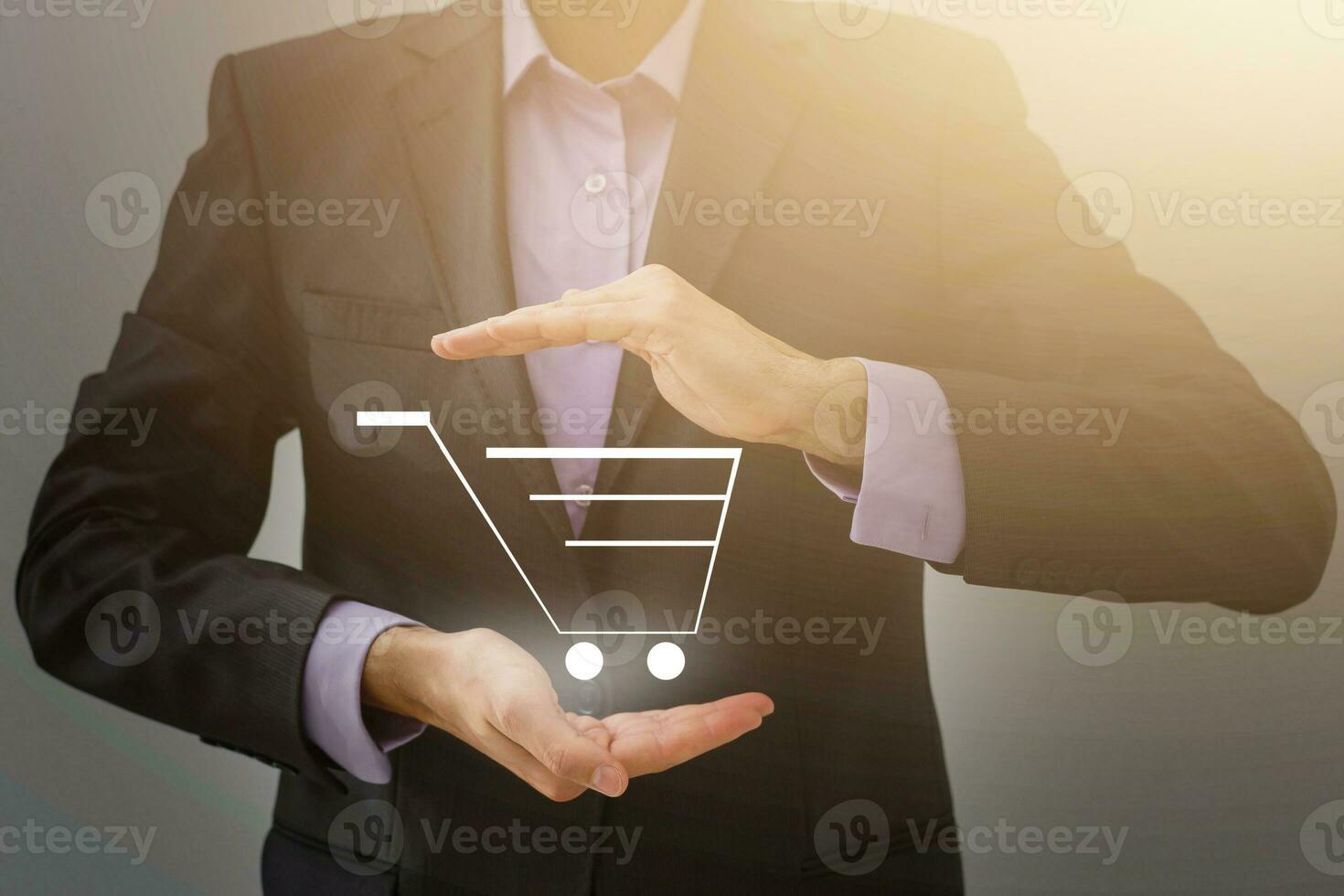 business, e-business, technology and internet concept - businessman pressing add to cart button on virtual screens photo