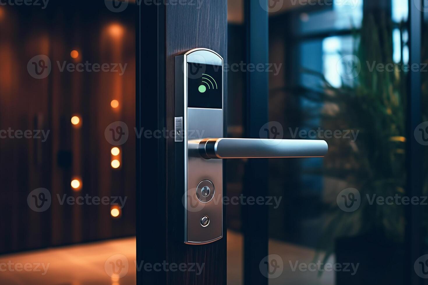 Smart Digital touch screen keypad access by entering pass code digits, Electronic digital door handles on wood door Hotel or apartment door, future modern safety security technology more safe secure photo