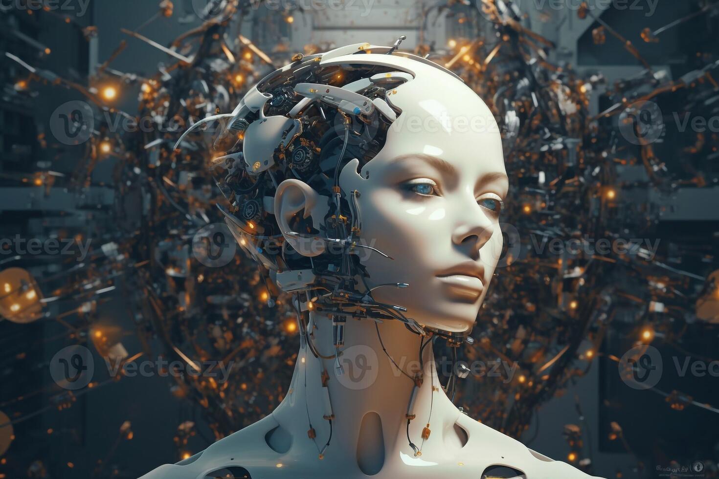 White woman cyborg on blurred background using digital chart interface 3D rendering photo