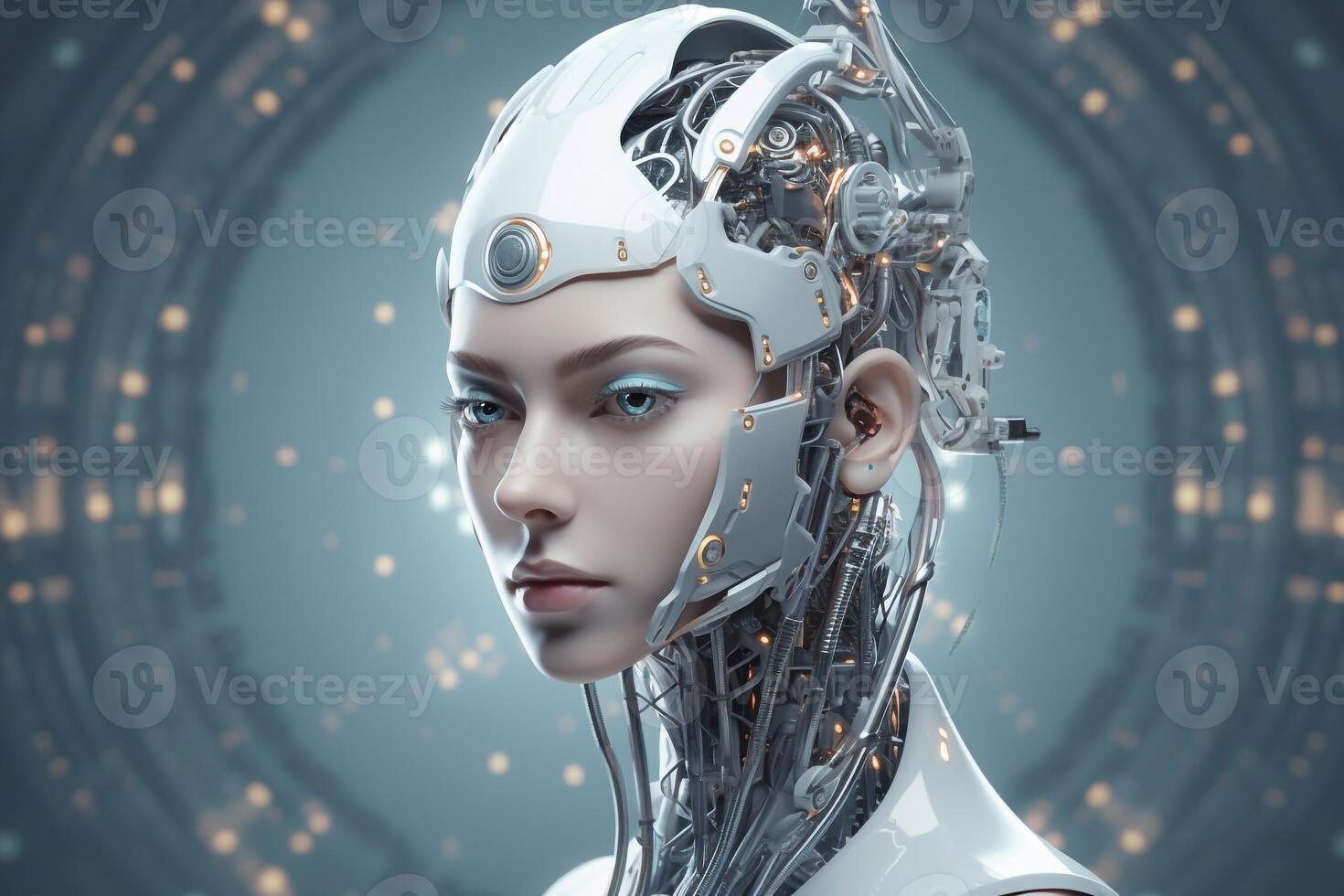 White woman cyborg on blurred background using digital chart interface 3D rendering photo