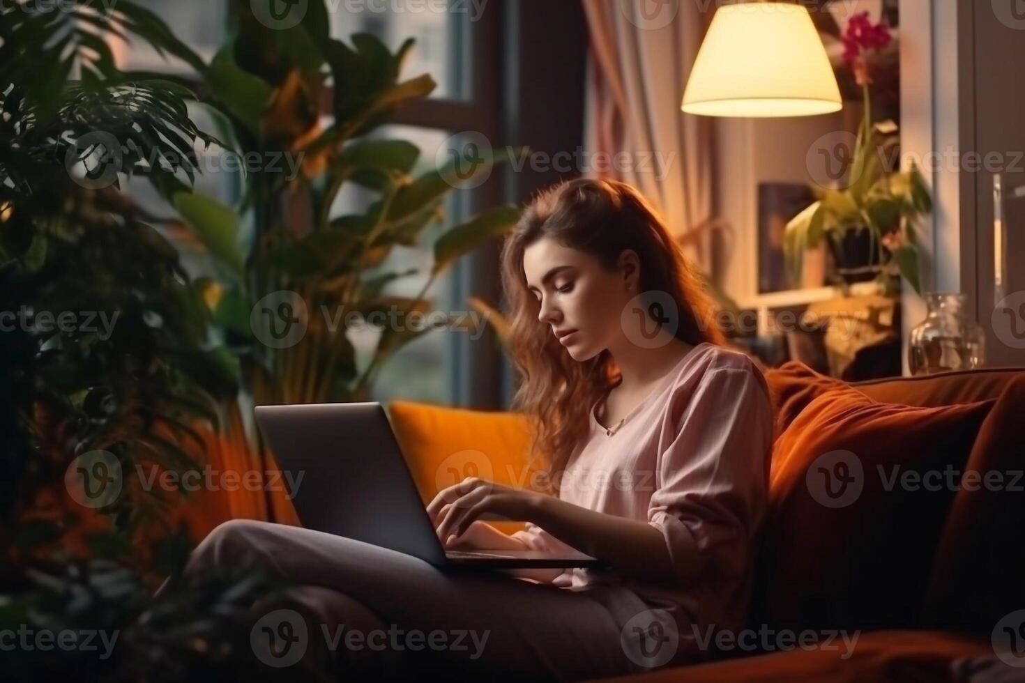 Portrait of a Happy Successful Businesswoman Using Laptop Computer in Creative Agency in the Evening. Black Female Smiling while Browsing Internet, Checking Funny Memes on photo
