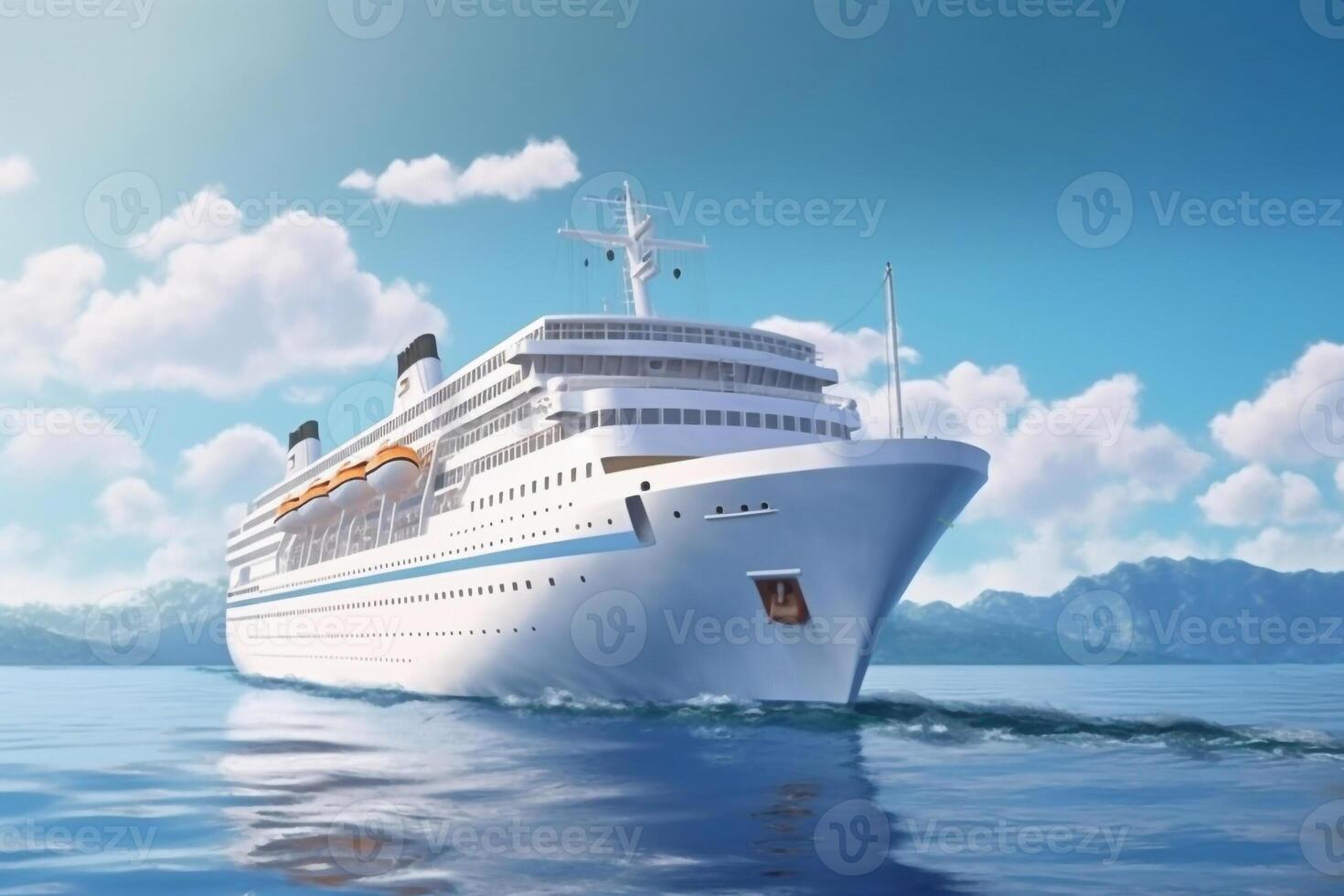 White cruise liner moving to the sea at cloudy day photo