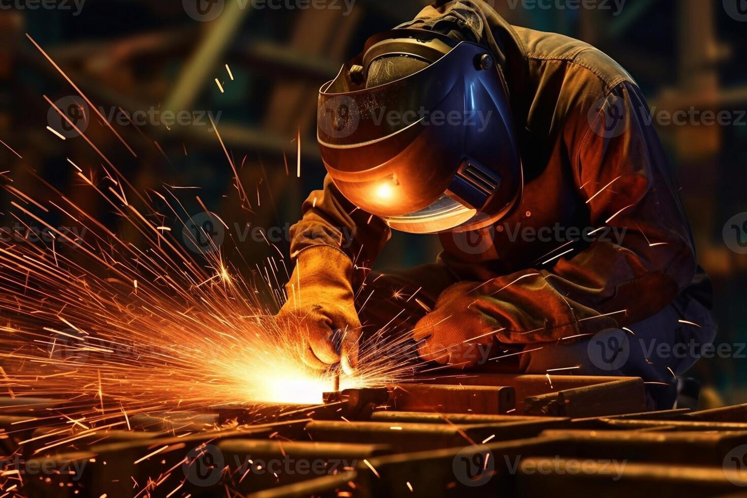 Welder on steel structure in factory photo