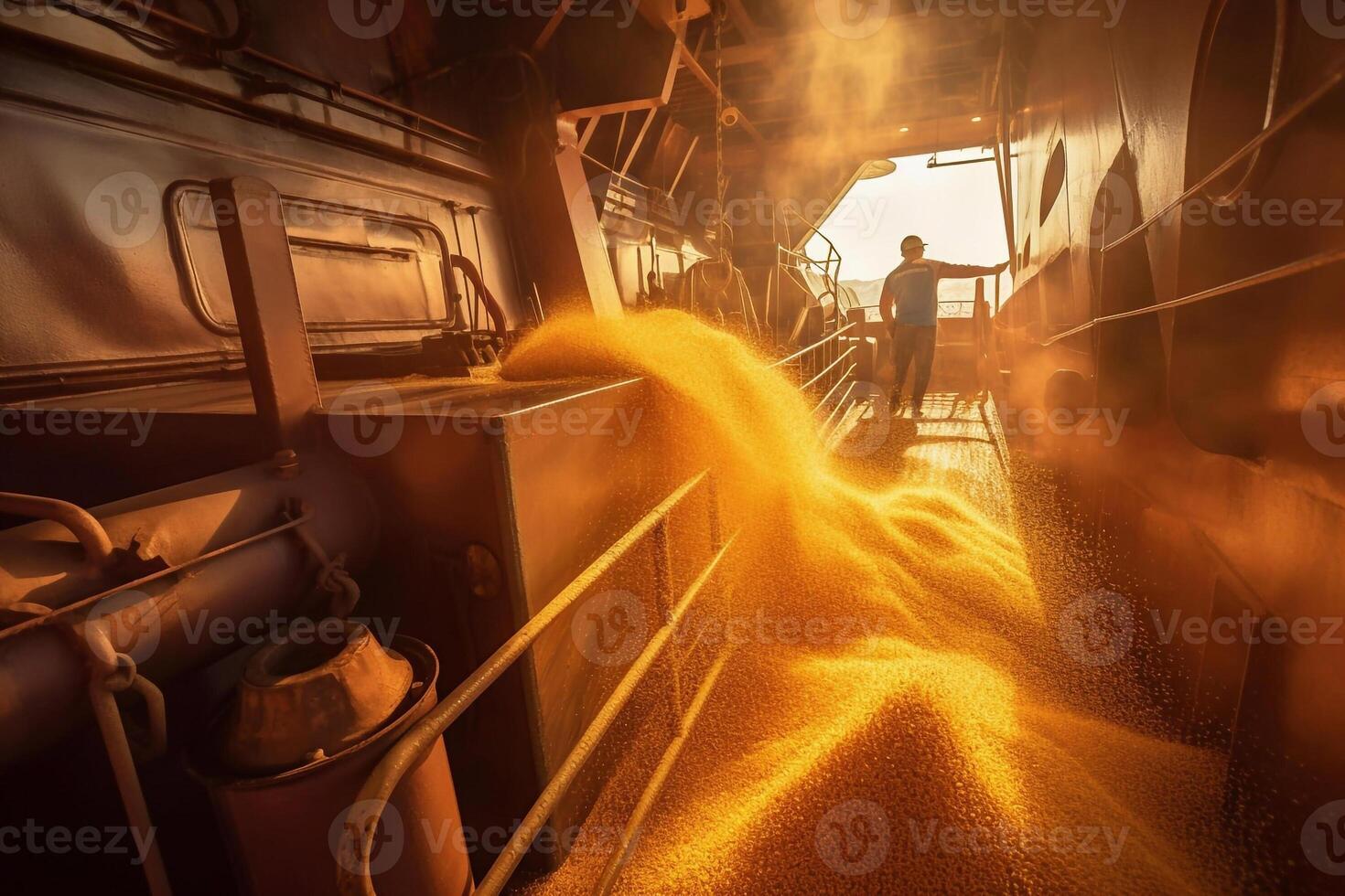 Loading grain into holds of sea cargo vessel in seaport from silos of grain storage. Bunkering of dry cargo ship with grain. Aerial top view photo