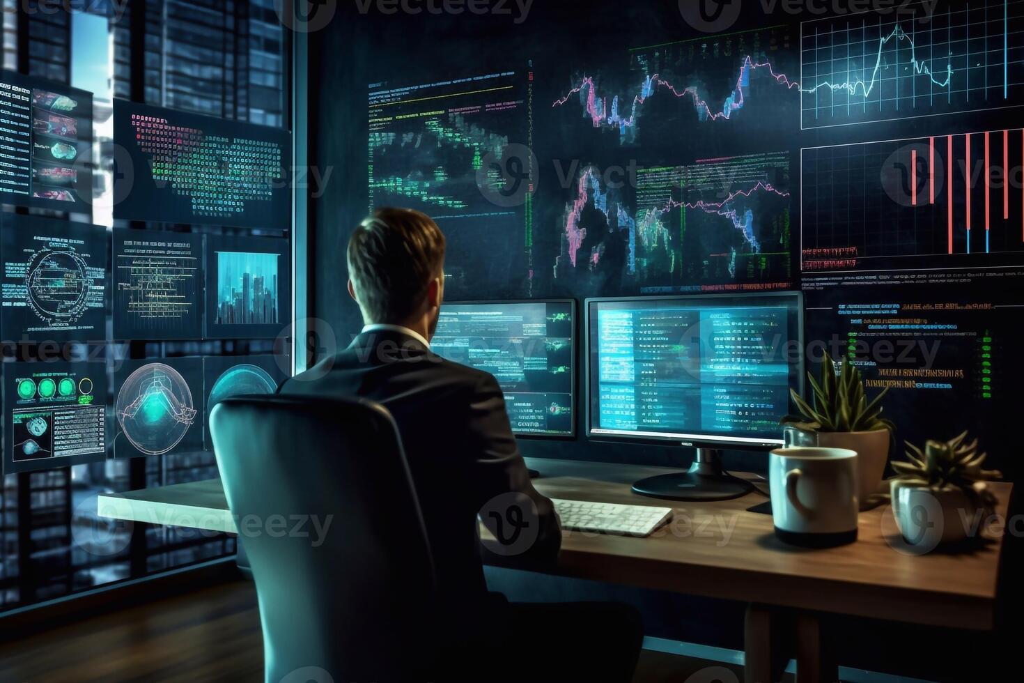 Professional IT Technical Support Specialists and Software Programmer Working on Computers in Monitoring Control Room with Digital Screens with Server Data, Blockchain Network photo