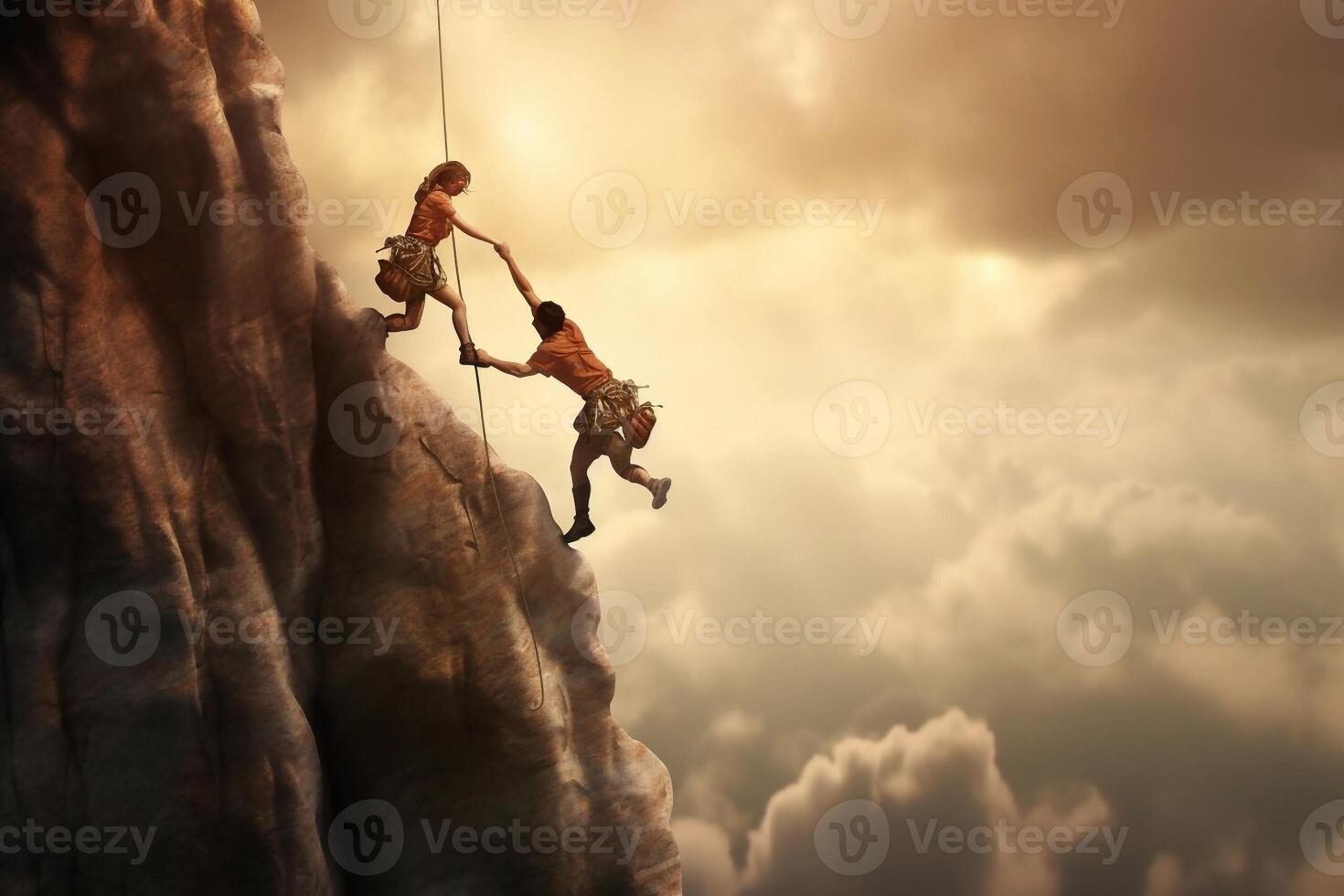 Silhouettes of man and woman helping each other to climb on hill against sunset photo