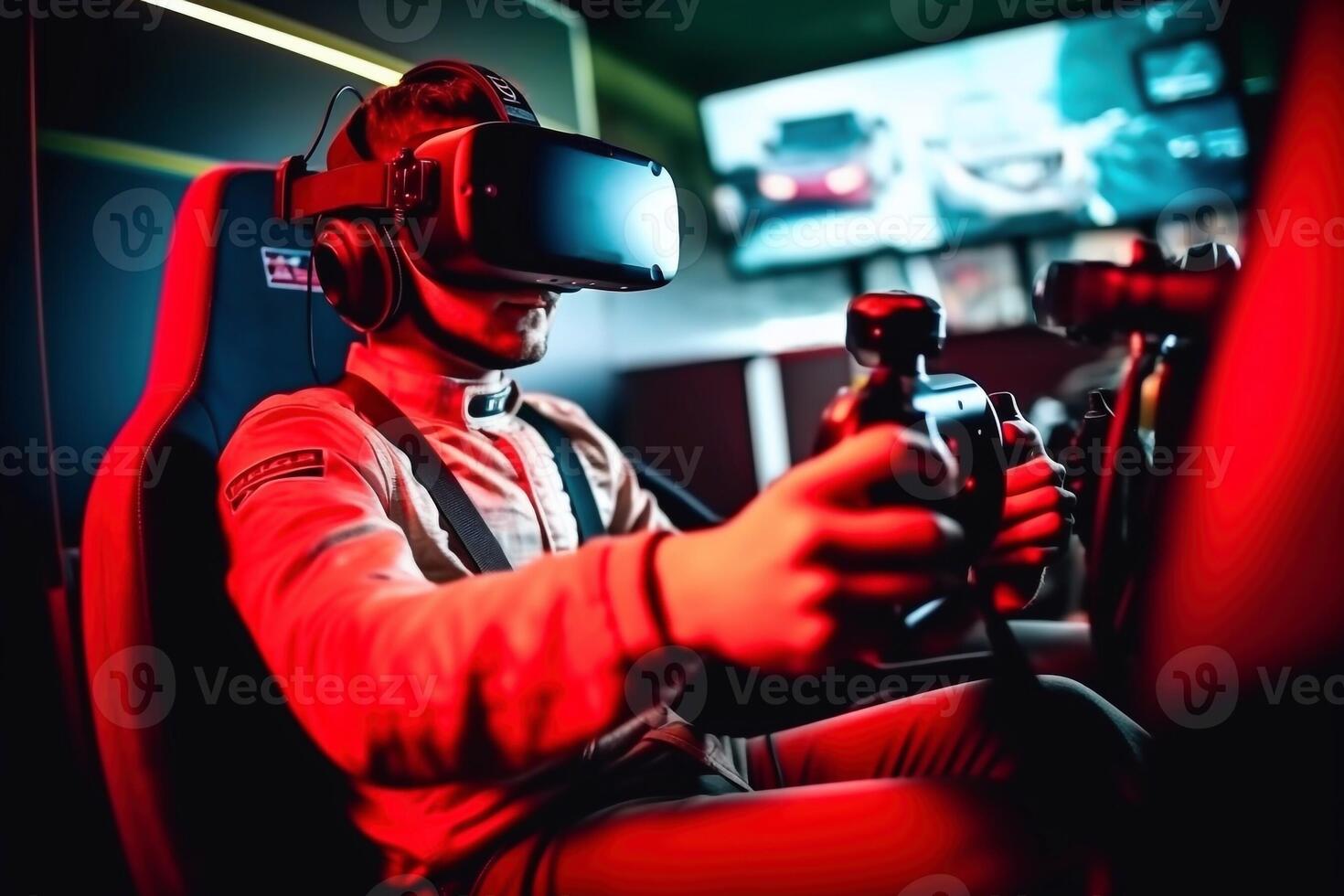 Young Middle East Asian man putting on Virtual Reality Headset happy using Joysticks as sabers enjoy having fun focused on playing explore VR Battle Game fantasy world in RGB photo