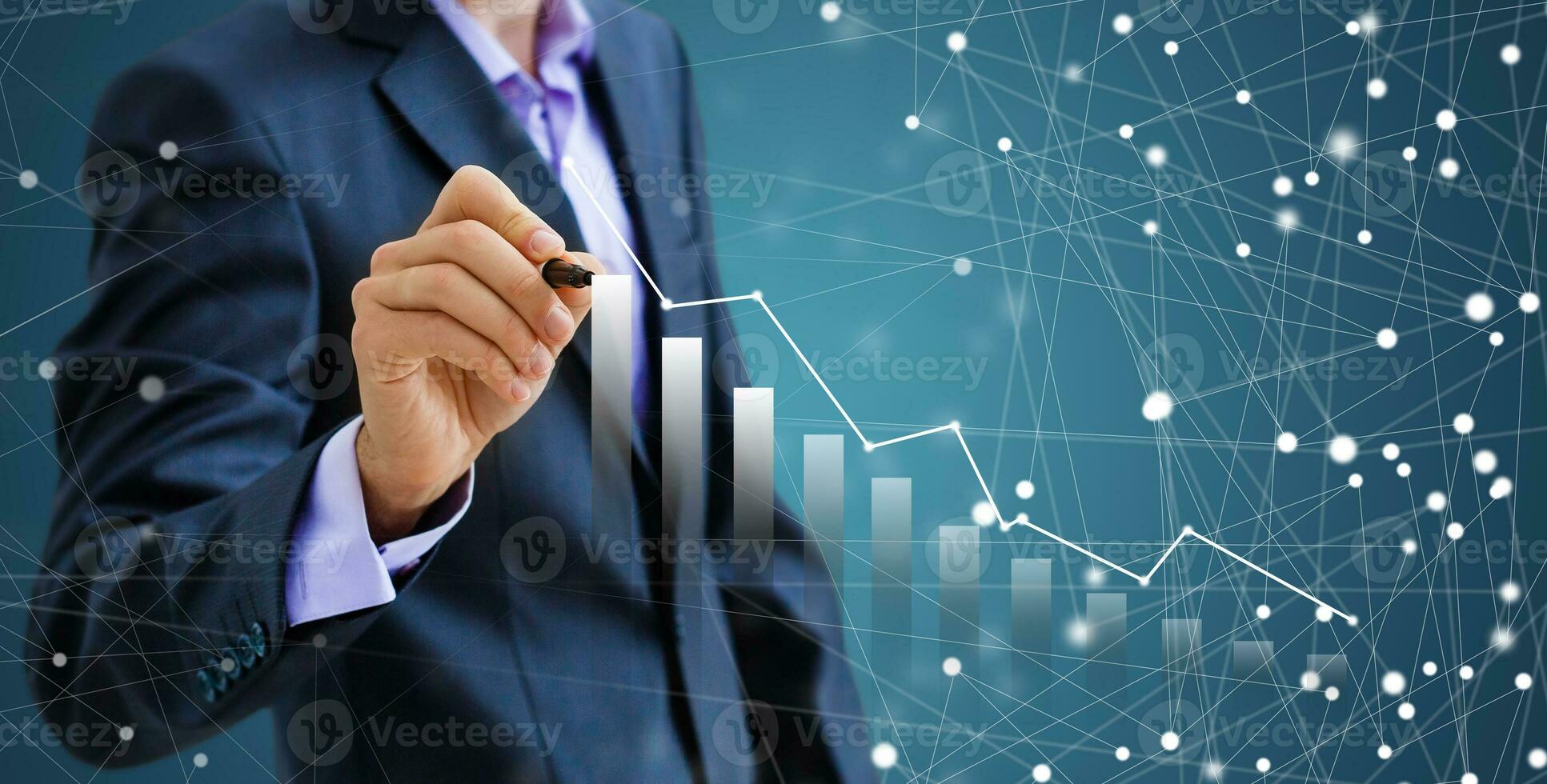 Businessman draw growth graph and progress of business and analyzing financial and investment data ,business planning and strategy on blue background photo