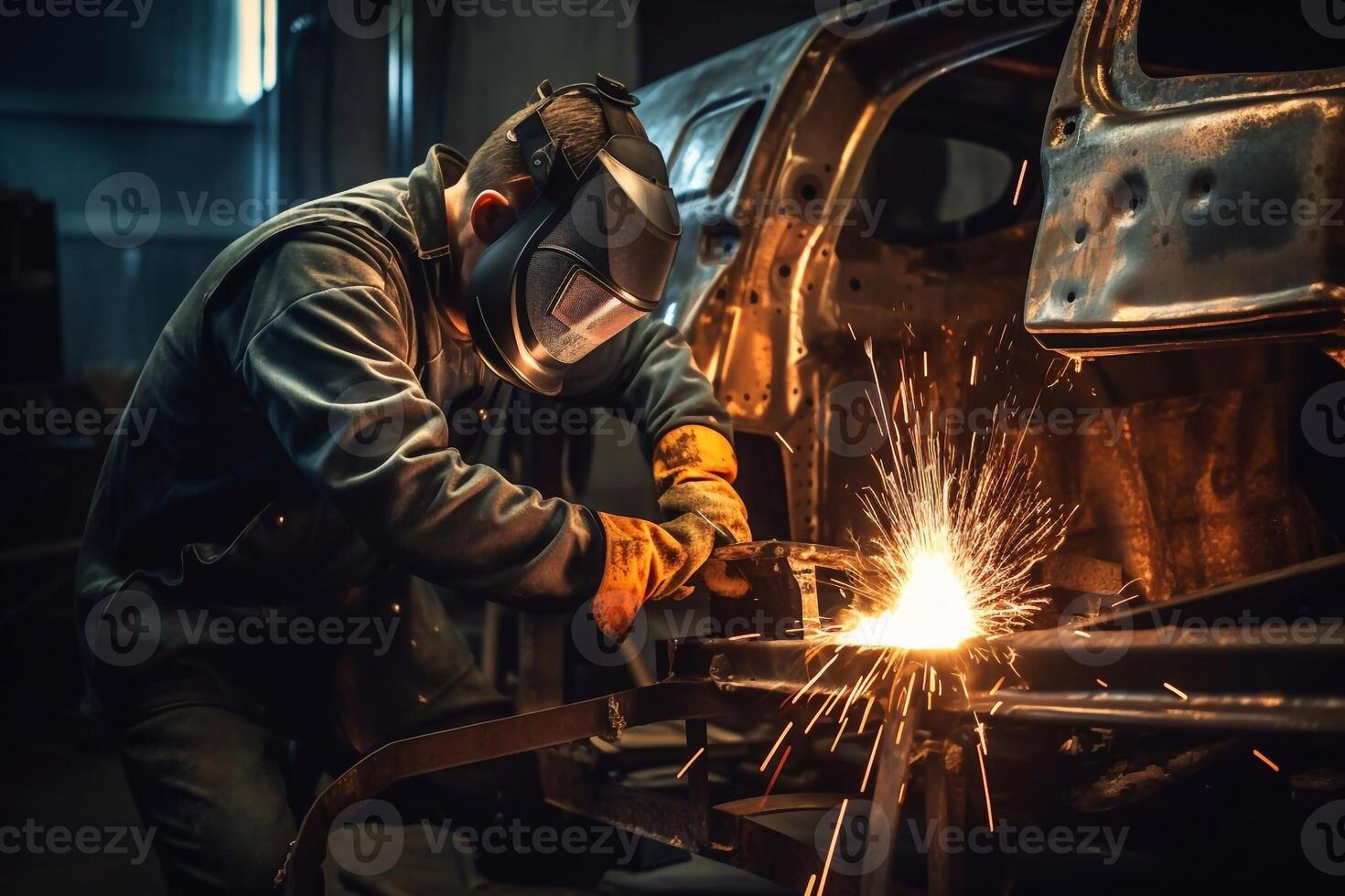 Welder on steel structure in factory photo
