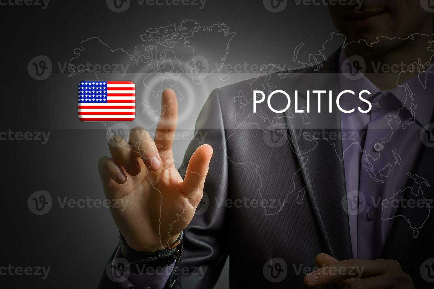 United States of America politics concept. Man pressing virtual button with flag icon photo