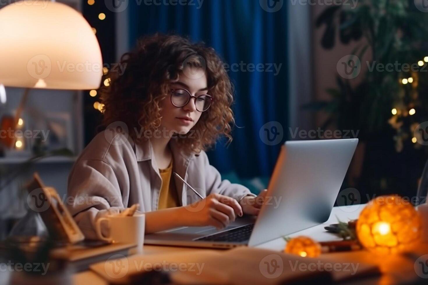 Portrait of a Happy Successful Businesswoman Using Laptop Computer in Creative Agency in the Evening. Black Female Smiling while Browsing Internet, Checking Funny Memes on photo