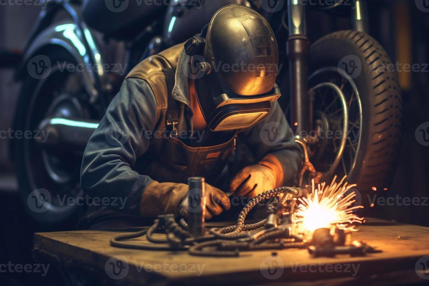 Welder on steel structure in factory photo
