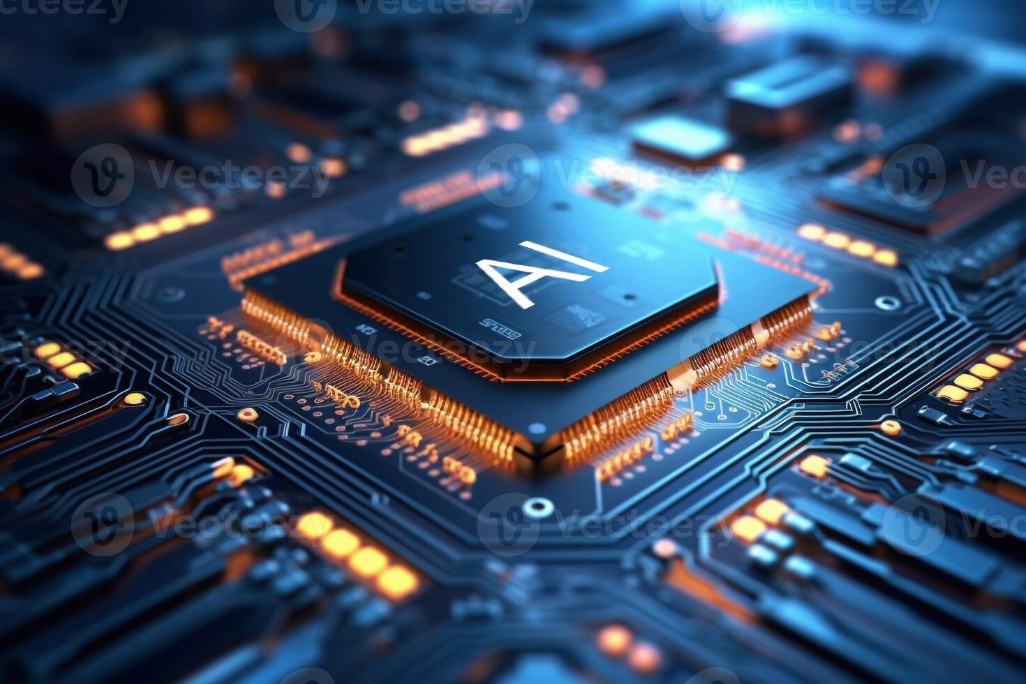 3D render AI artificial intelligence technology CPU central processor unit chipset on the printed circuit board for electronic and technology concept select focus shallow depth of field photo