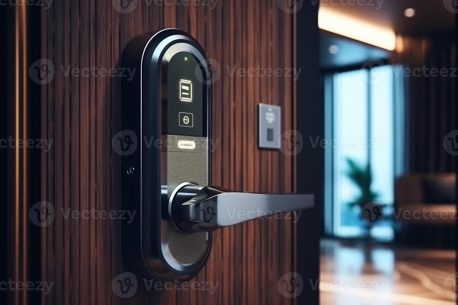 Locking smartlock on the entrance door using a smart phone remotely. Concept of using smart electronic locks with keyless access photo