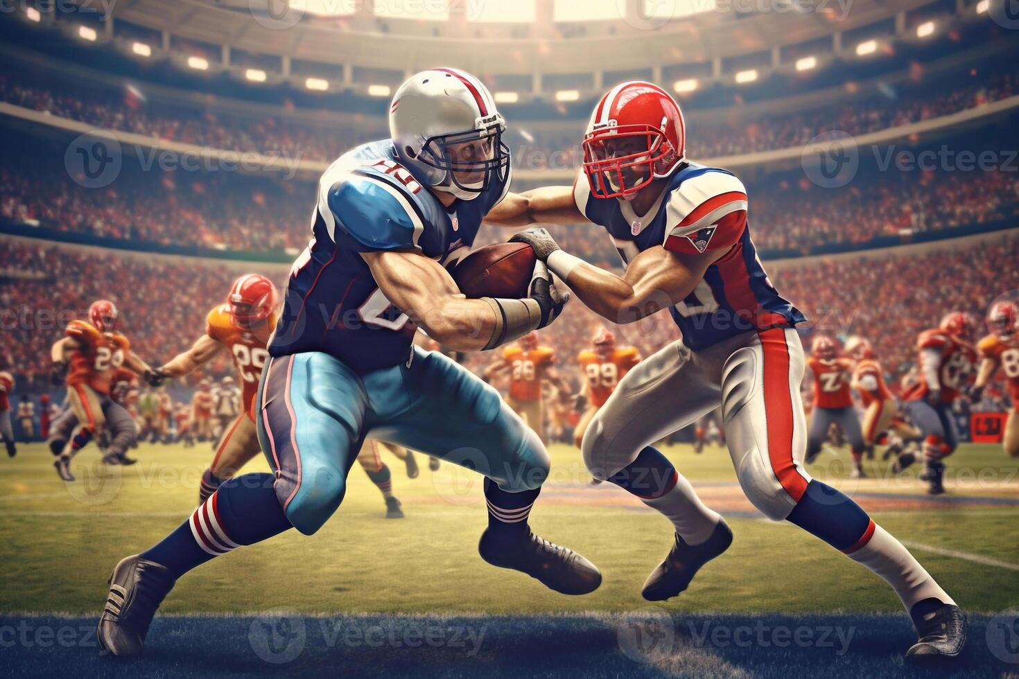 American Football Championship. Teams Ready Professional Players, Aggressive Face-off, Ready for Pushing, Tackling. Competition Full of Brutal Energy, Power. Shot with Dramatic Light Generative AI photo