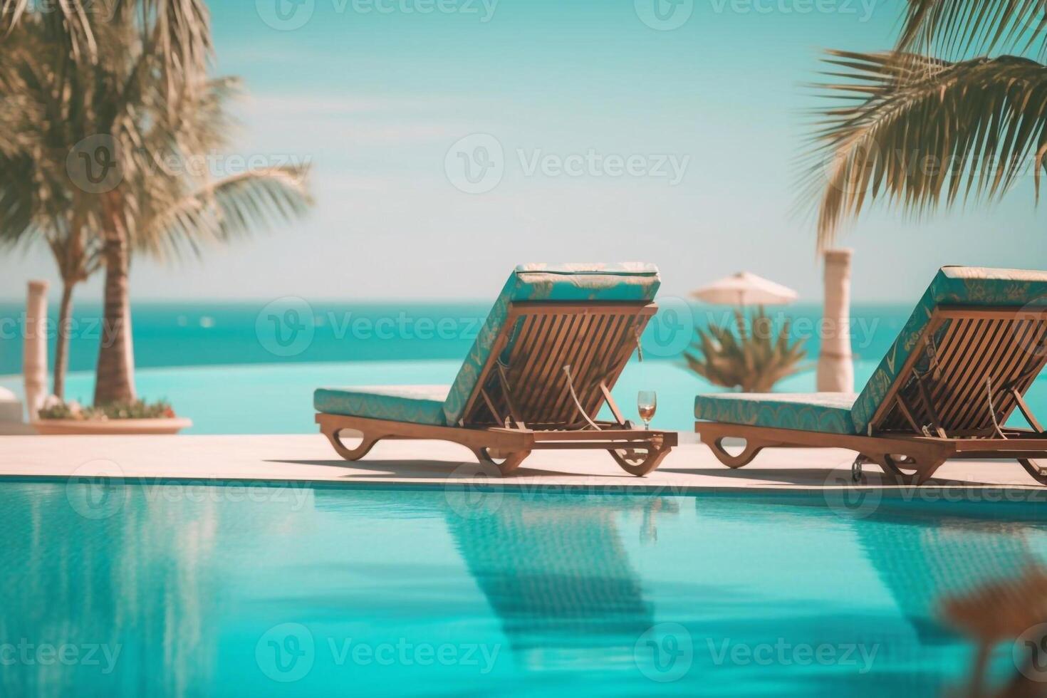 The edge Luxury swimming pool with white fashion deckchairs on the beach., Exterior design. photo