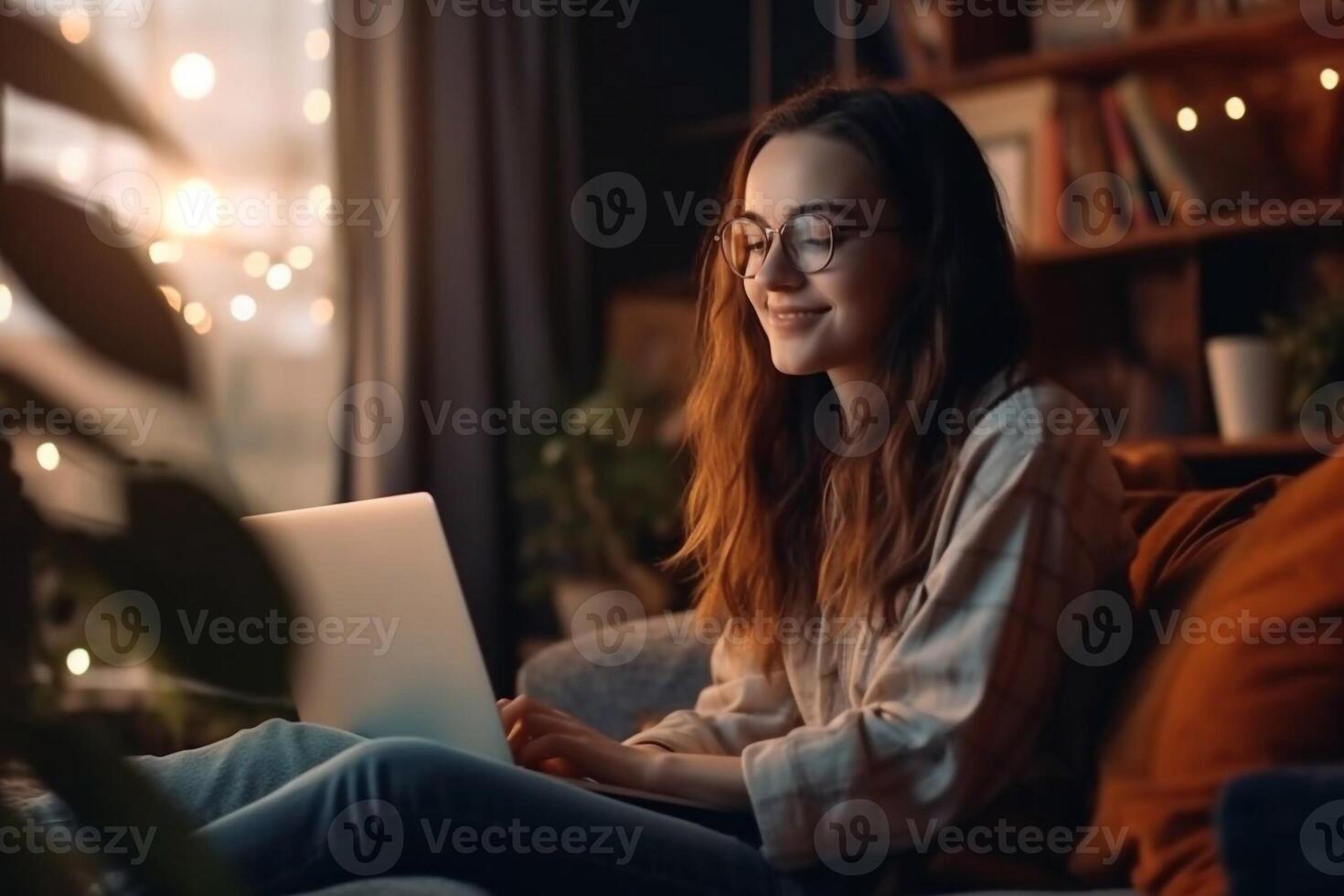 Portrait of a Happy Successful Businesswoman Using Laptop Computer in Creative Agency in the Evening. Black Female Smiling while Browsing Internet, Checking Funny Memes on photo