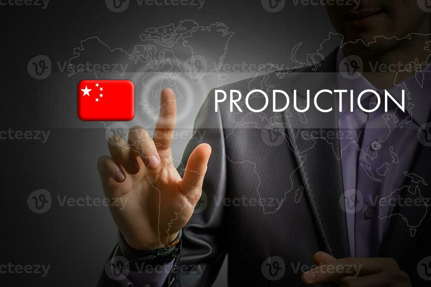 China production concept. Man pressing virtual button with flag icon photo