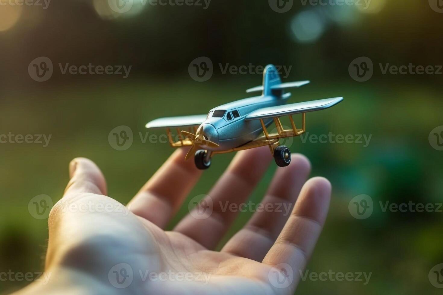 close up photo of male hand holding toy airplane against blue sky . image is retro filtered