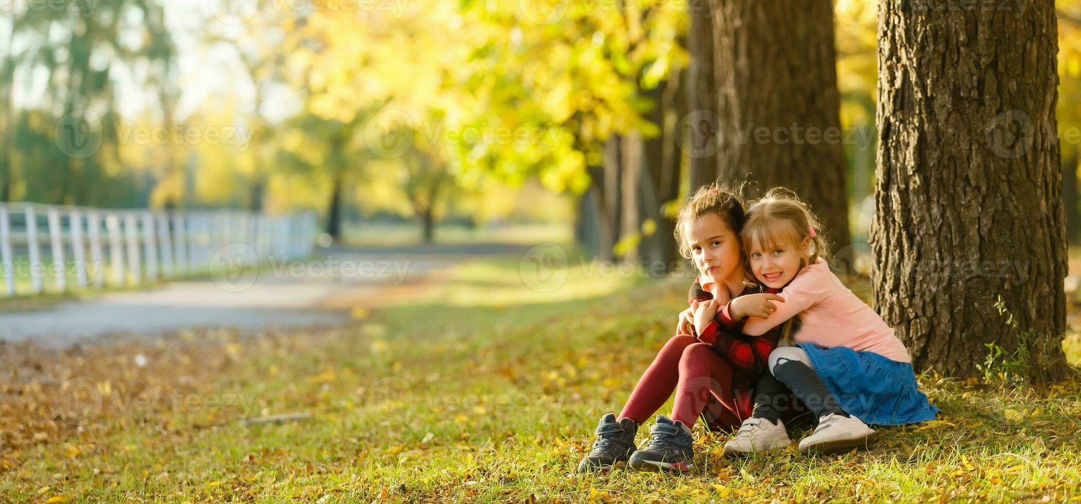 dos pequeño muchachas en otoño parque foto