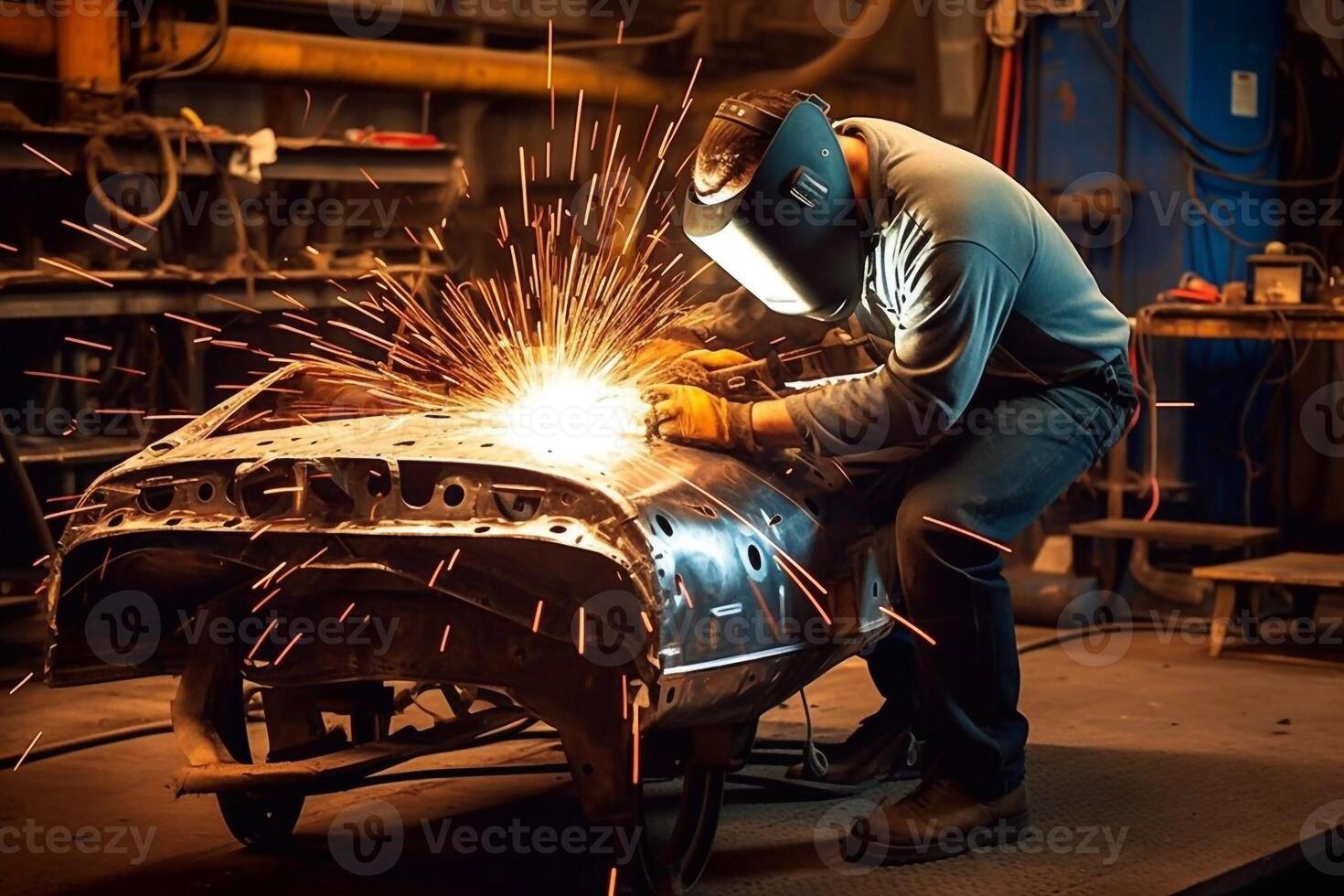 Welder on steel structure in factory photo